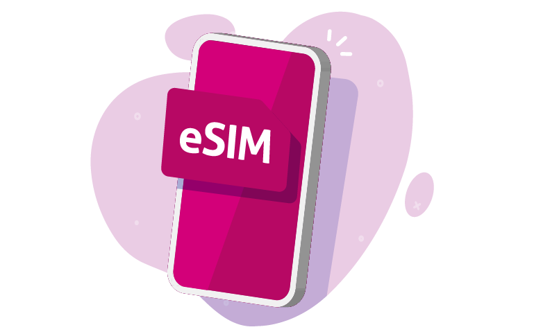 An illustration of a smartphone displaying a card labeled eSIM on its screen, set against a vibrant pink and purple abstract background,
