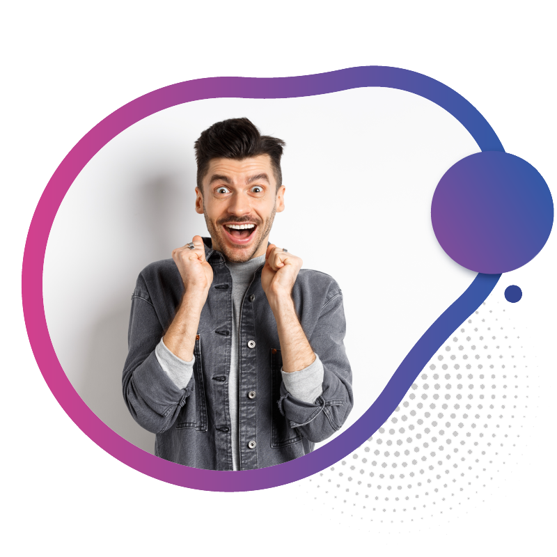 A man with an excited expression, wearing a denim jacket and posing with clenched fists, promoting the Australia eSIM Unlimited Calls Offer.
